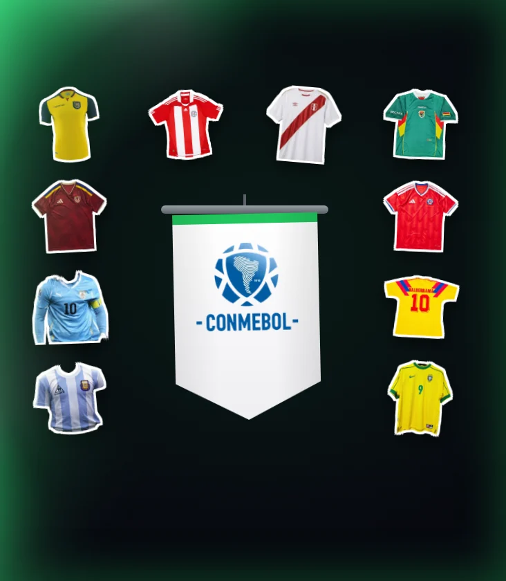 Colección Selecciones de CONMEBOL completa: el banderín con las diez camisetas
