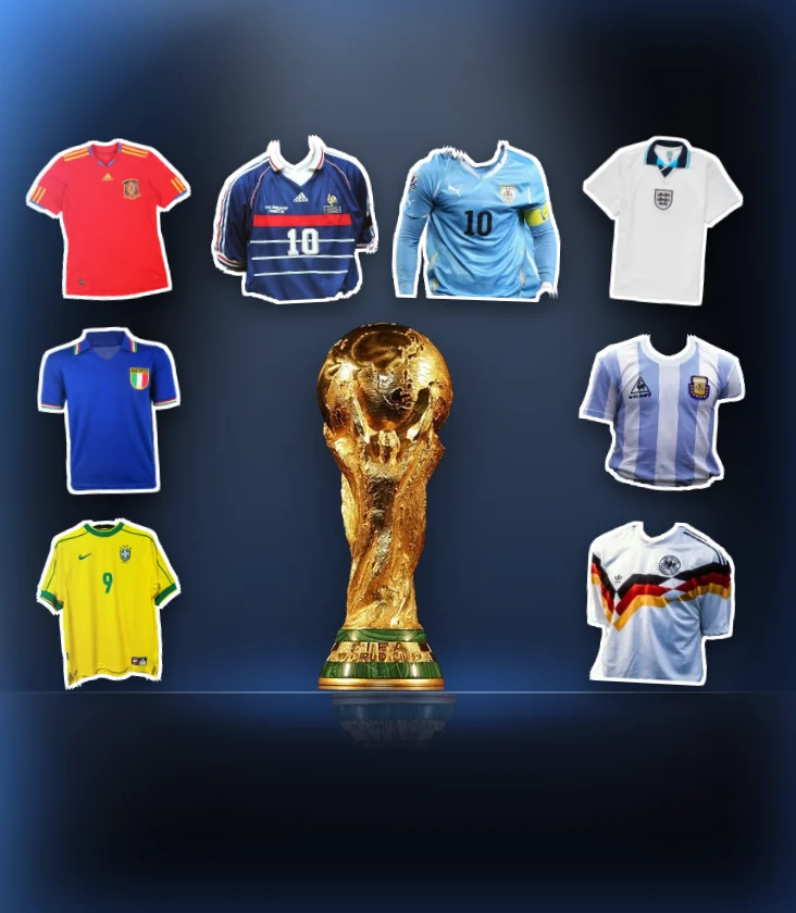 Colección Campeones del mundo completa: el trofeo en su vitrina con las ocho camisetas